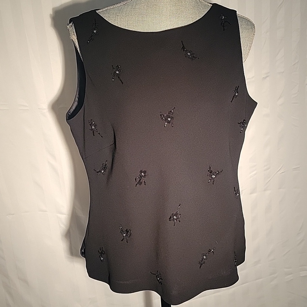 Evan Picone Black Sleevless Dress Top With Beaded Flowers, Size: 16